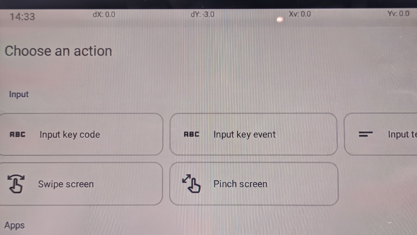 Key Mapper のアクション選択画面。Input の行に Pinch screen がある