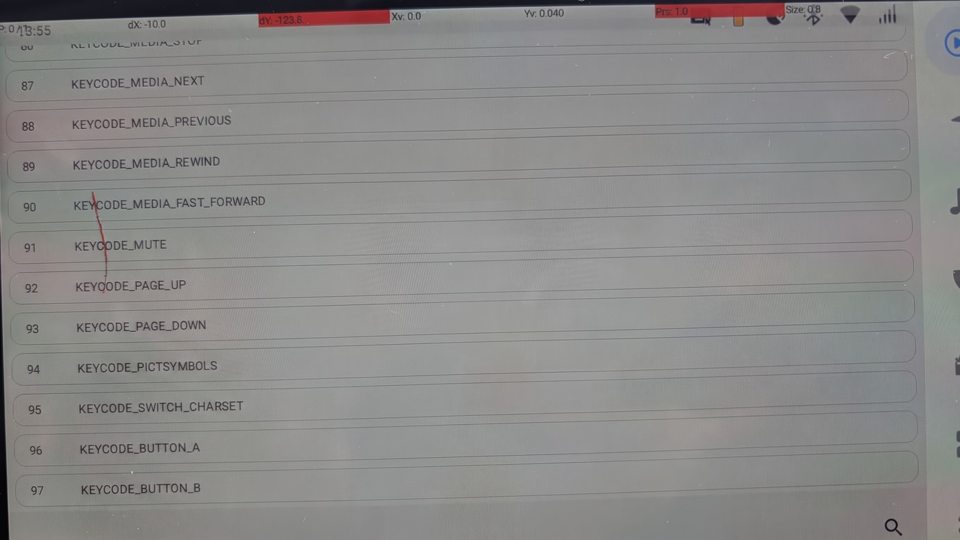 Android の keycode 一覧。KEYCODE_PAGE_UP が 92、KEYCODE_PAGE_DOWN が 93