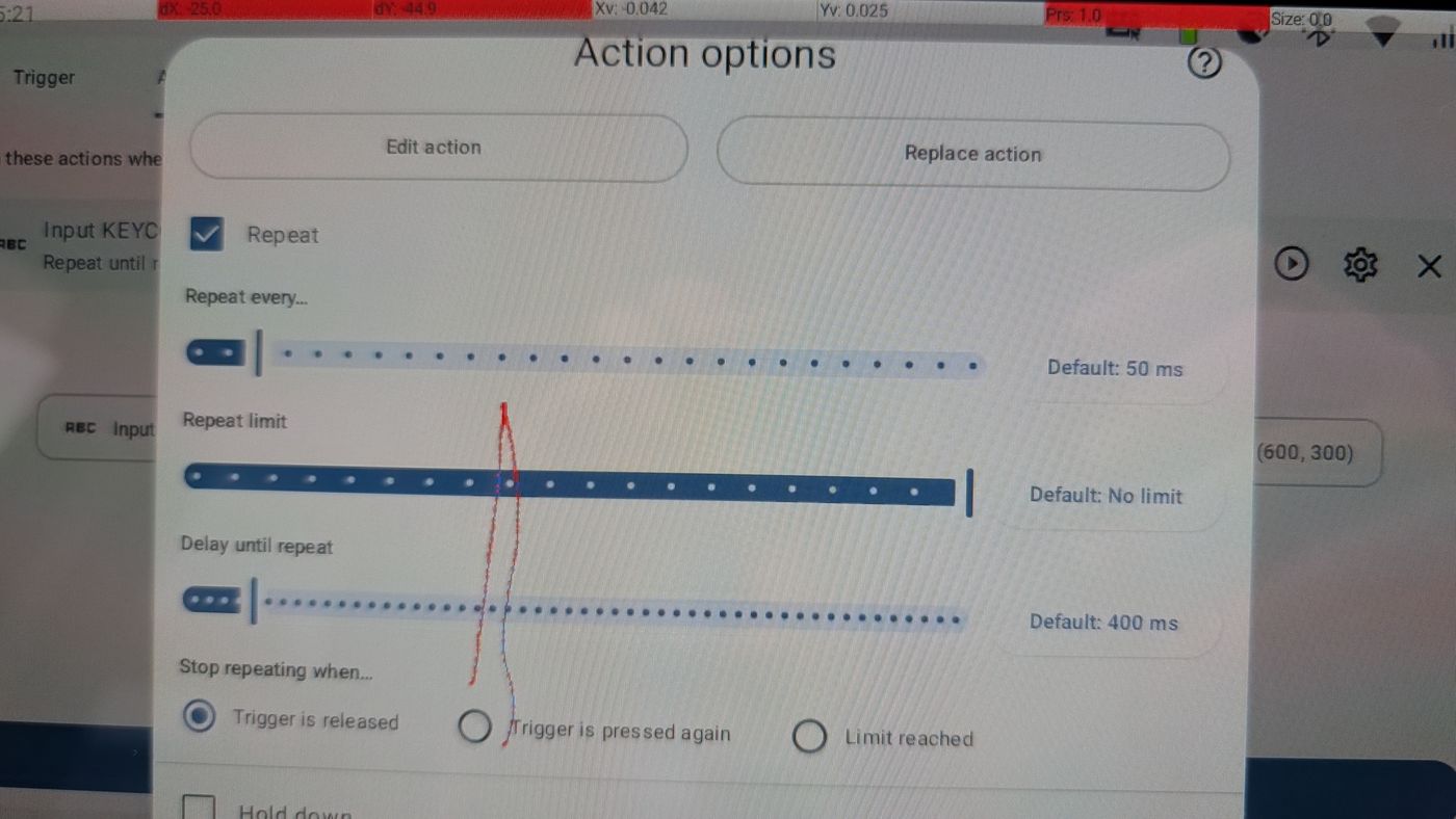 Key Mapper の Action options。Repeat every と Delay until repeat の設定