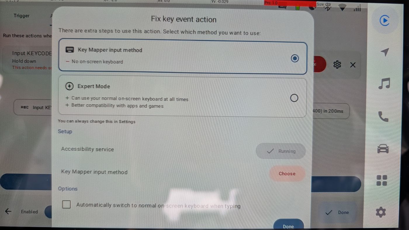 Fix key event action ダイアログ。Key Mapper input method と Expert Mode の二択