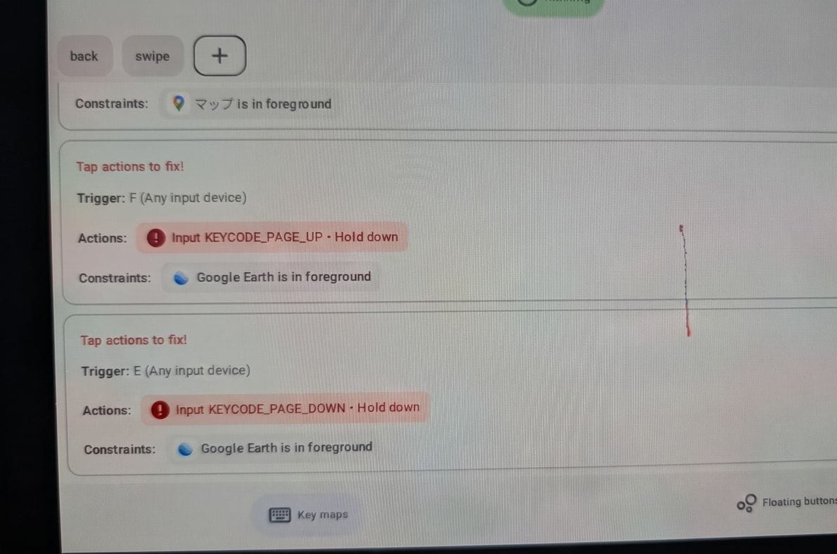 キー入力のアクションが赤くなり、「Tap actions to fix!」が出ている