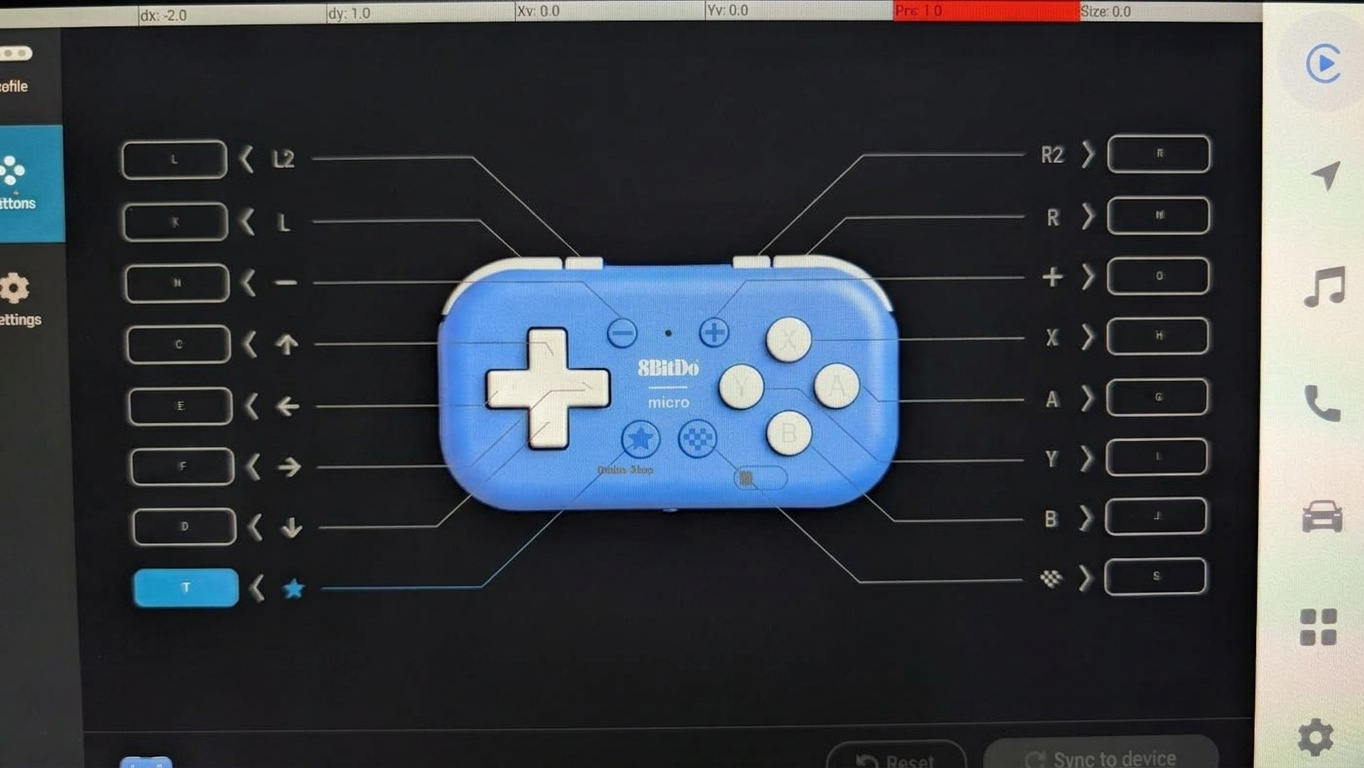8BitDo Ultimate Software のマッピング画面。各ボタンに送るキーが線で結ばれている