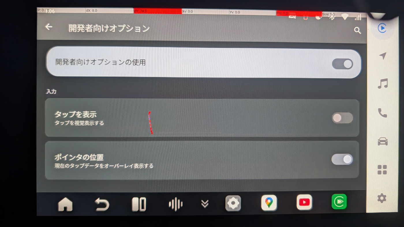 Ottocast の開発者向けオプション。「ポインタの位置」が ON になっている